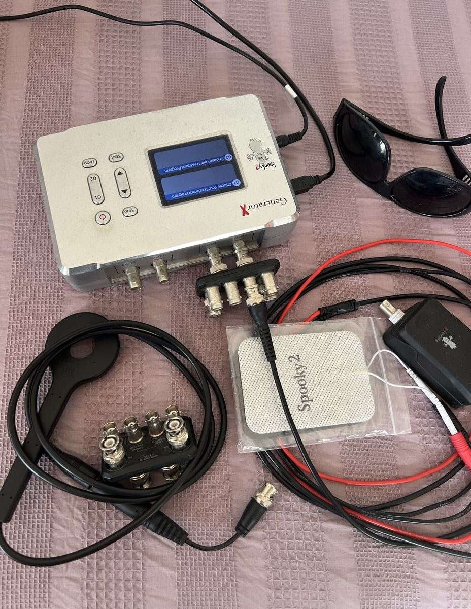 Spooky2 GeneratorX Rife frequency equipment with contact pads and cables